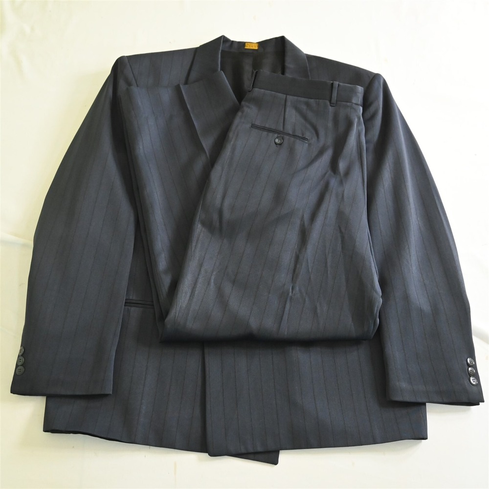 Vtg USA‎ Made 46L 34x32 Navy Blue Wide Stripe Double Breasted Mens Suit